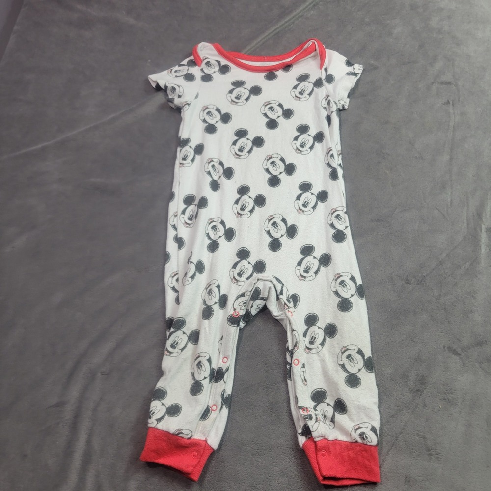 Disney Baby Mickey Mouse Romper White Red Short Sleeve Snaps 12M LOP67